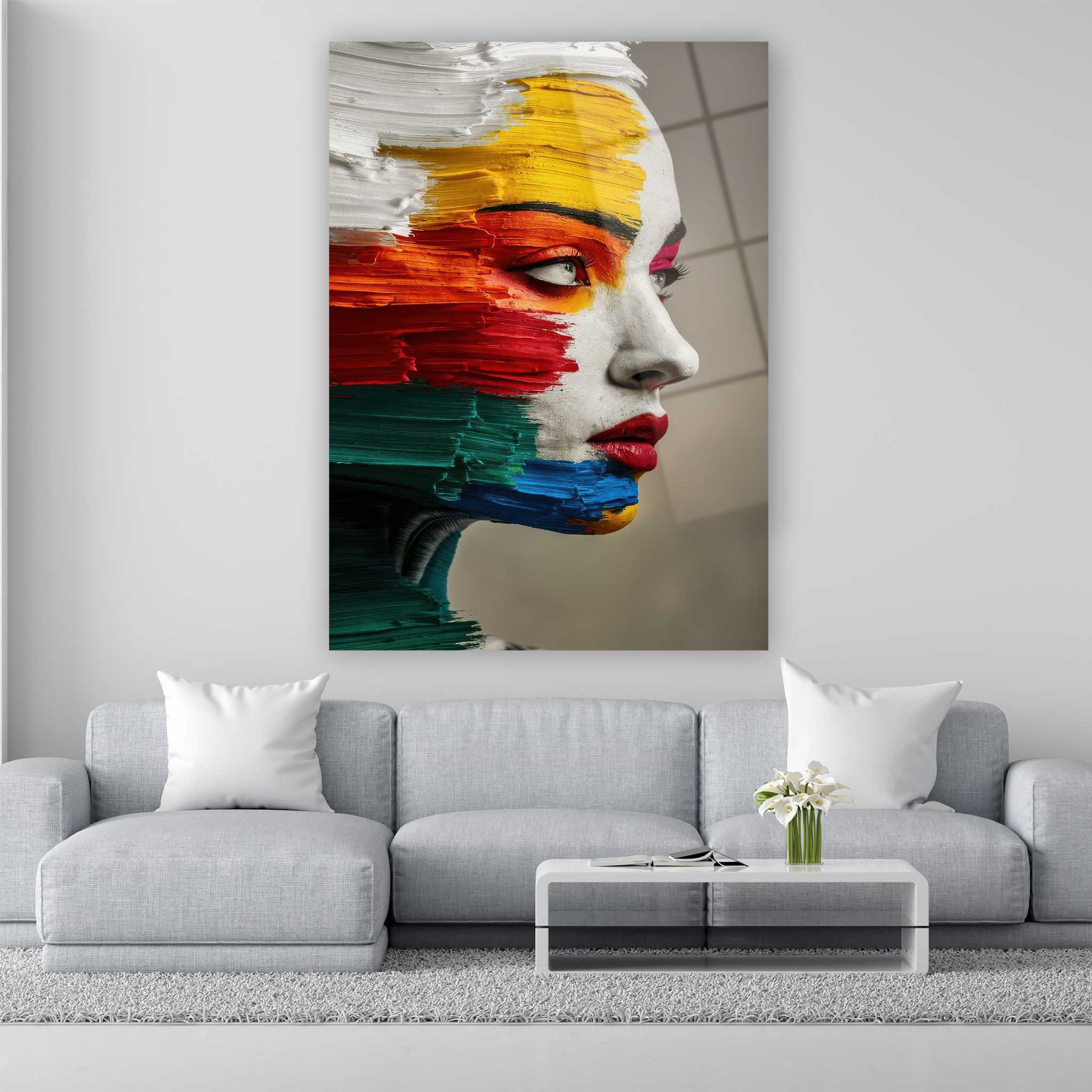 colorful brush strokes abstract woman face glass art