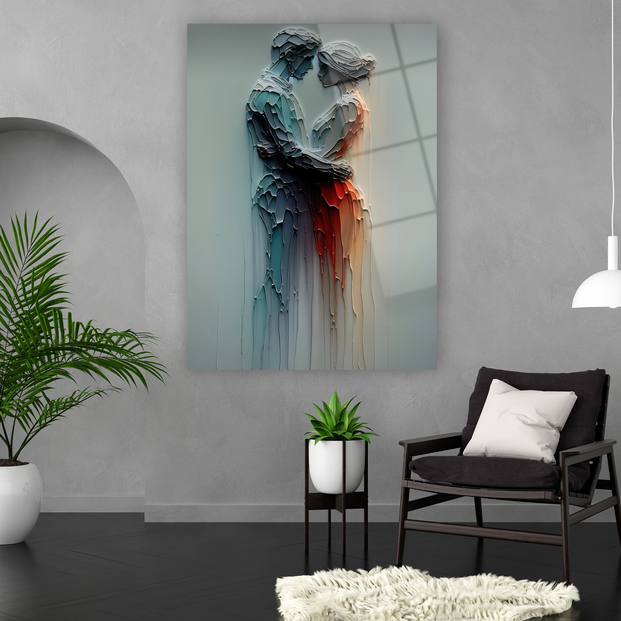 abstract hugging couple impasto style glass art