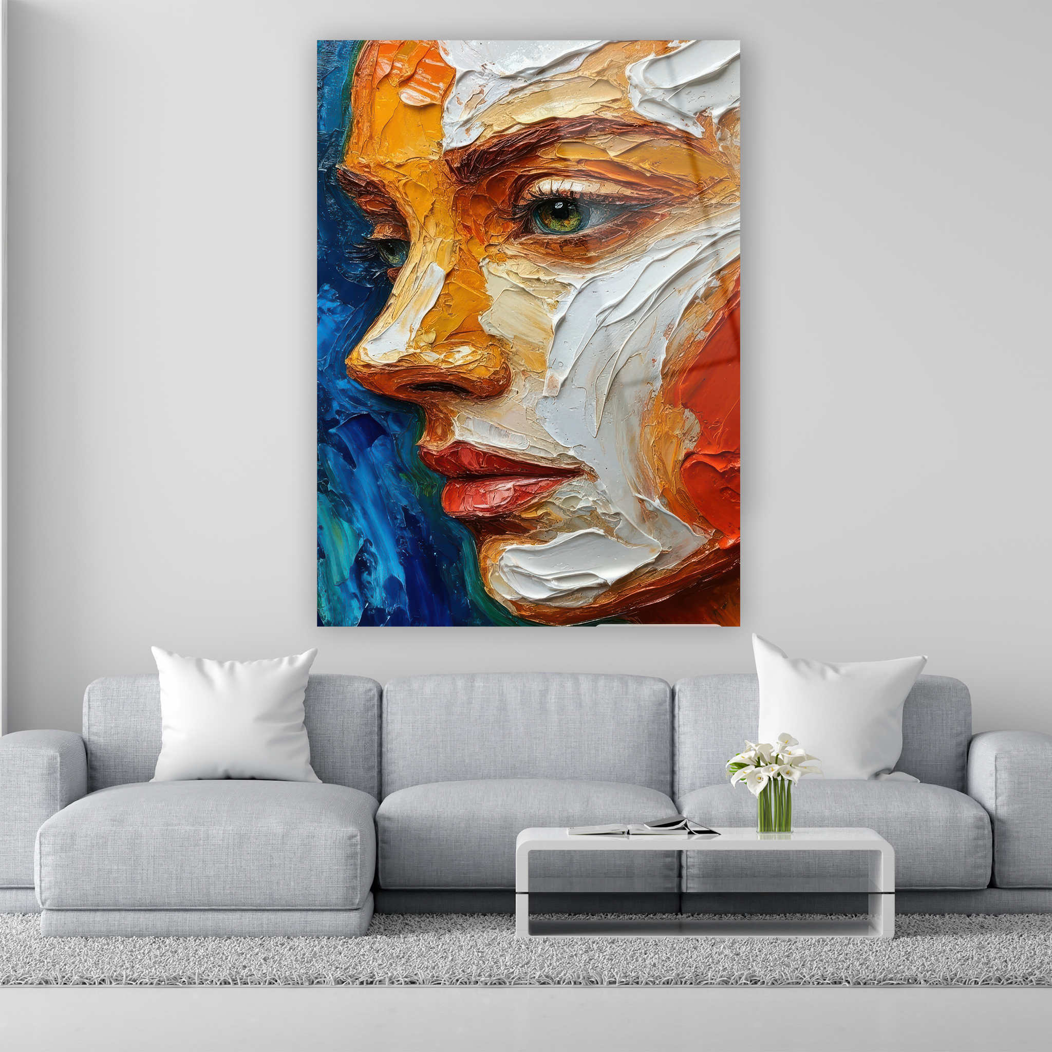 palette knife oil painting woman face glass art