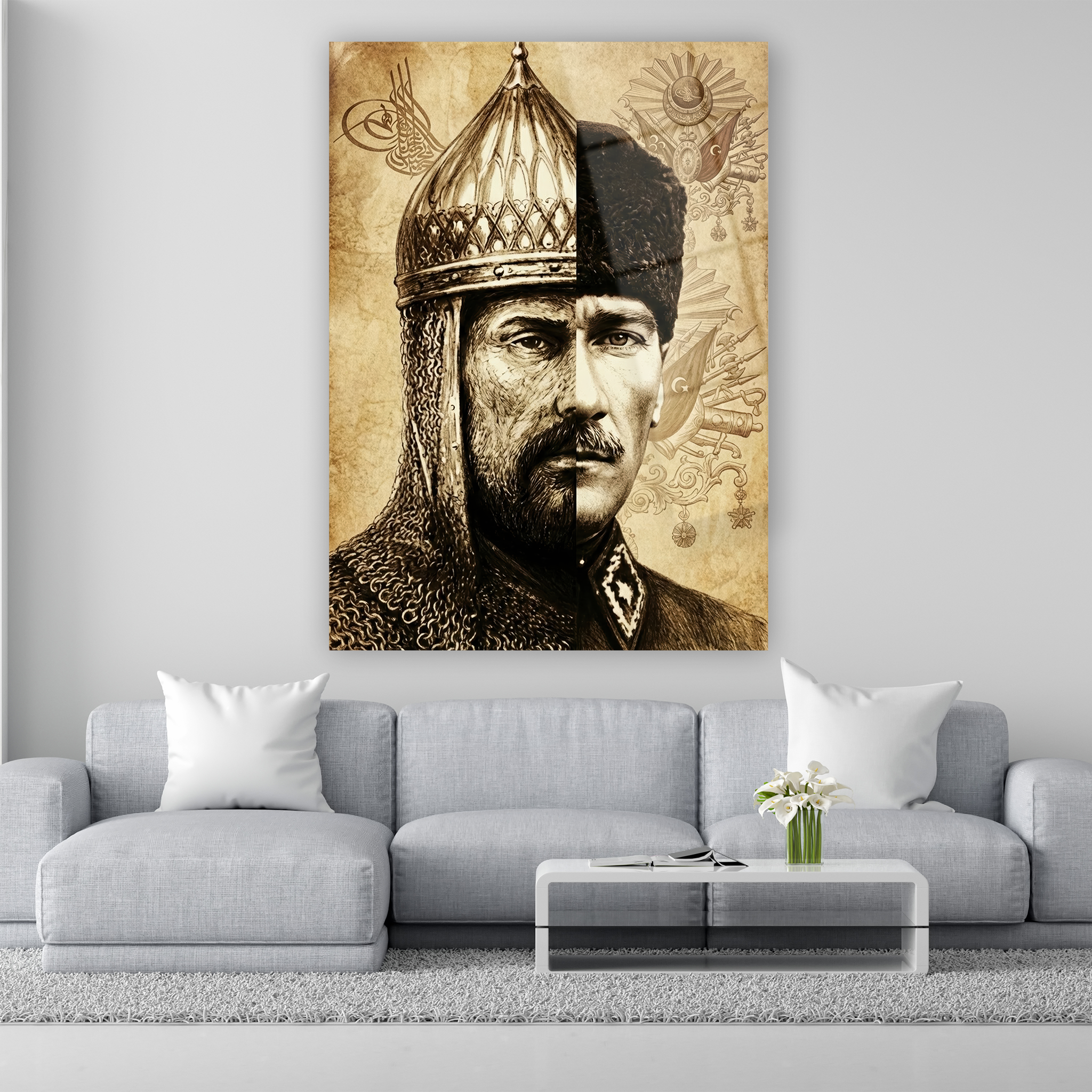 alparslan ve atatürk birleşik yüz portresi cam tablo