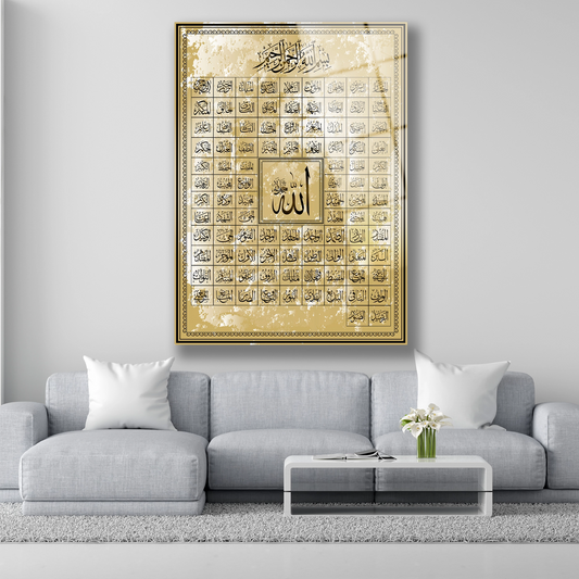 Altın renkli Esmaül Hüsna cam tablo tasarımı