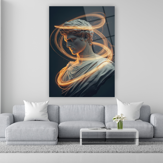 altın ışık halkalarıyla çevrili antik erkek heykeli cam tablo