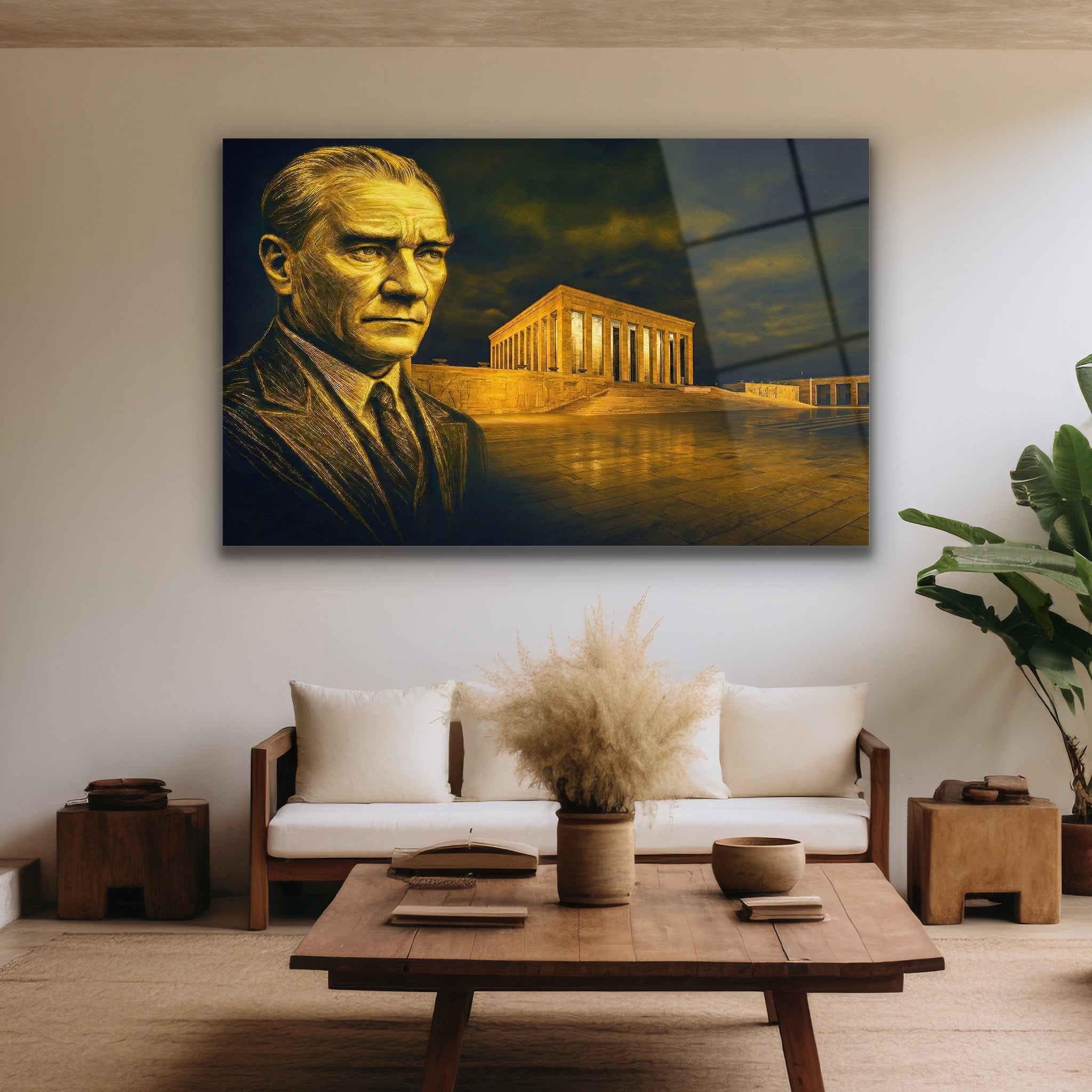 altın sarısı tonlarında atatürk ve anıtkabir cam tablo