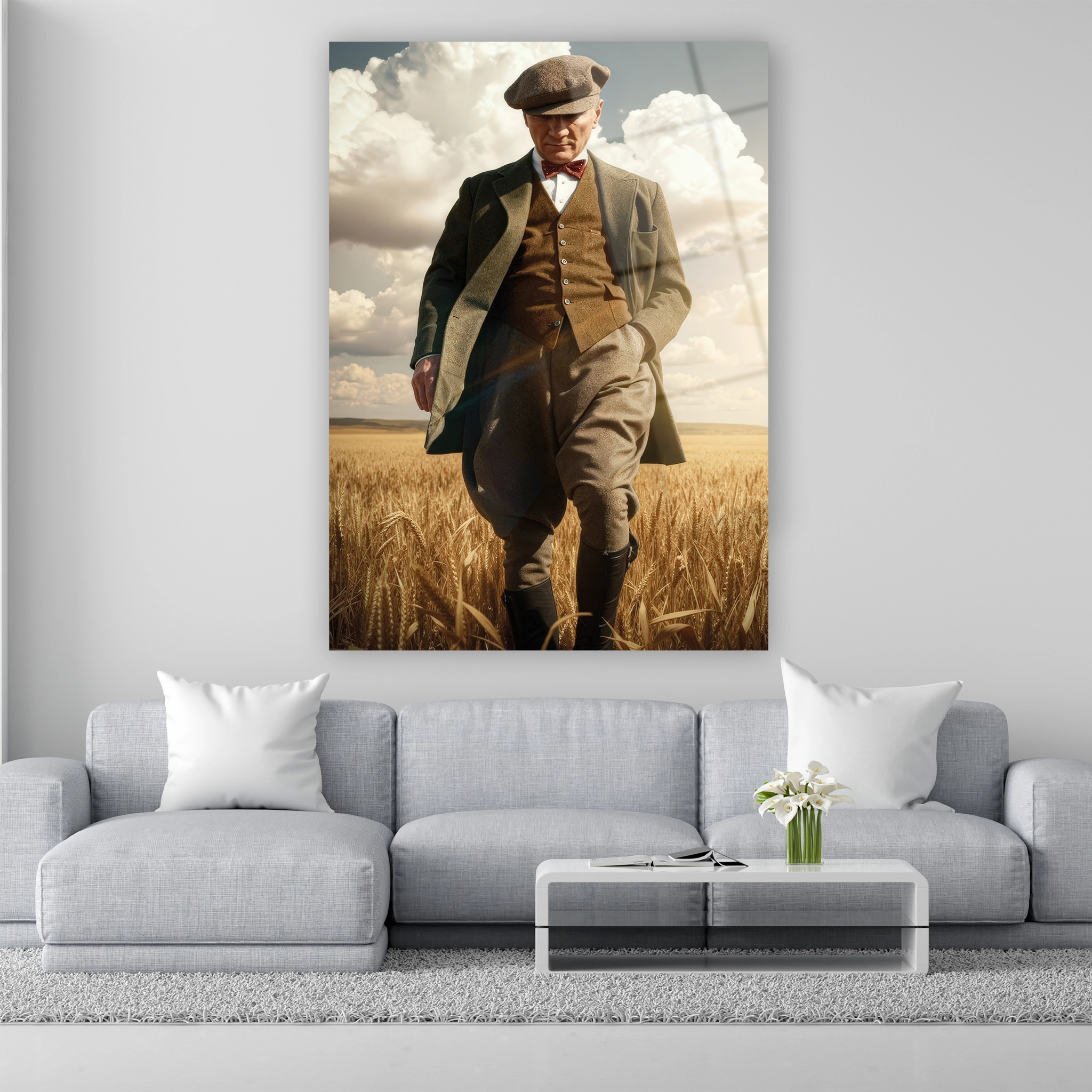 altın sarısı tarlada tüvit takım elbiseli mustafa kemal