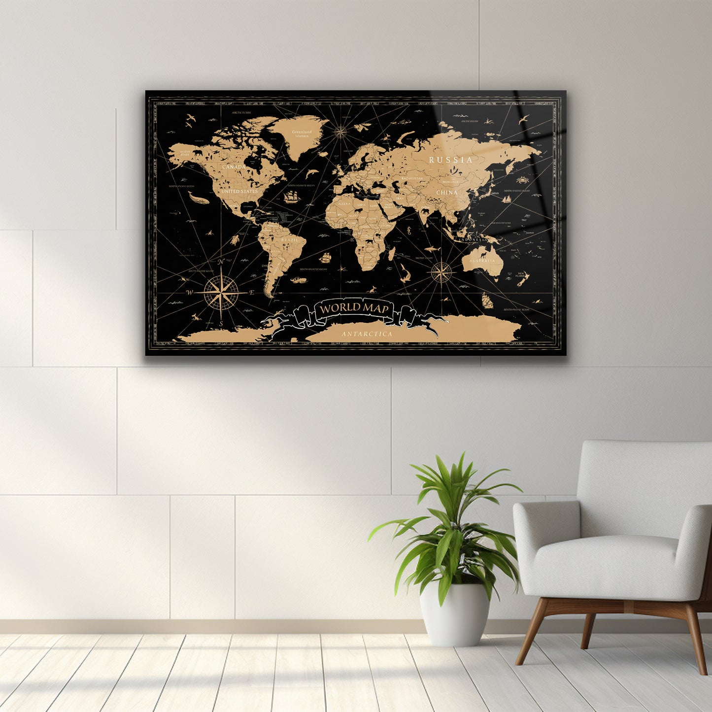 Altın Renkli Siyah Dünya Haritası Cam Tablo Dekorica