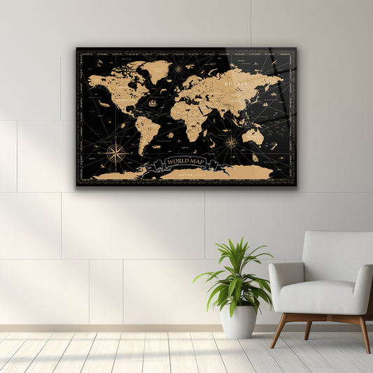 Altın Renkli Siyah Dünya Haritası Cam Tablo Dekorica