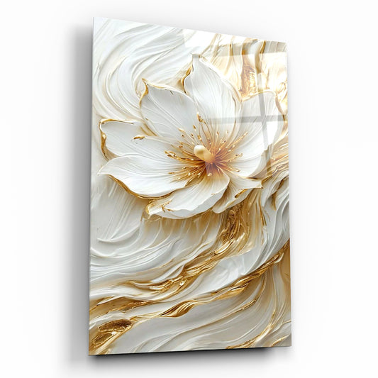 Altın Beyaz Çiçek Cam Tablo