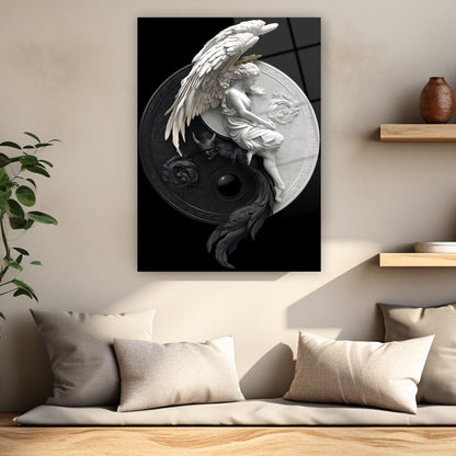 kanatlı melek ve boynuzlu şeytan kabartma görseli