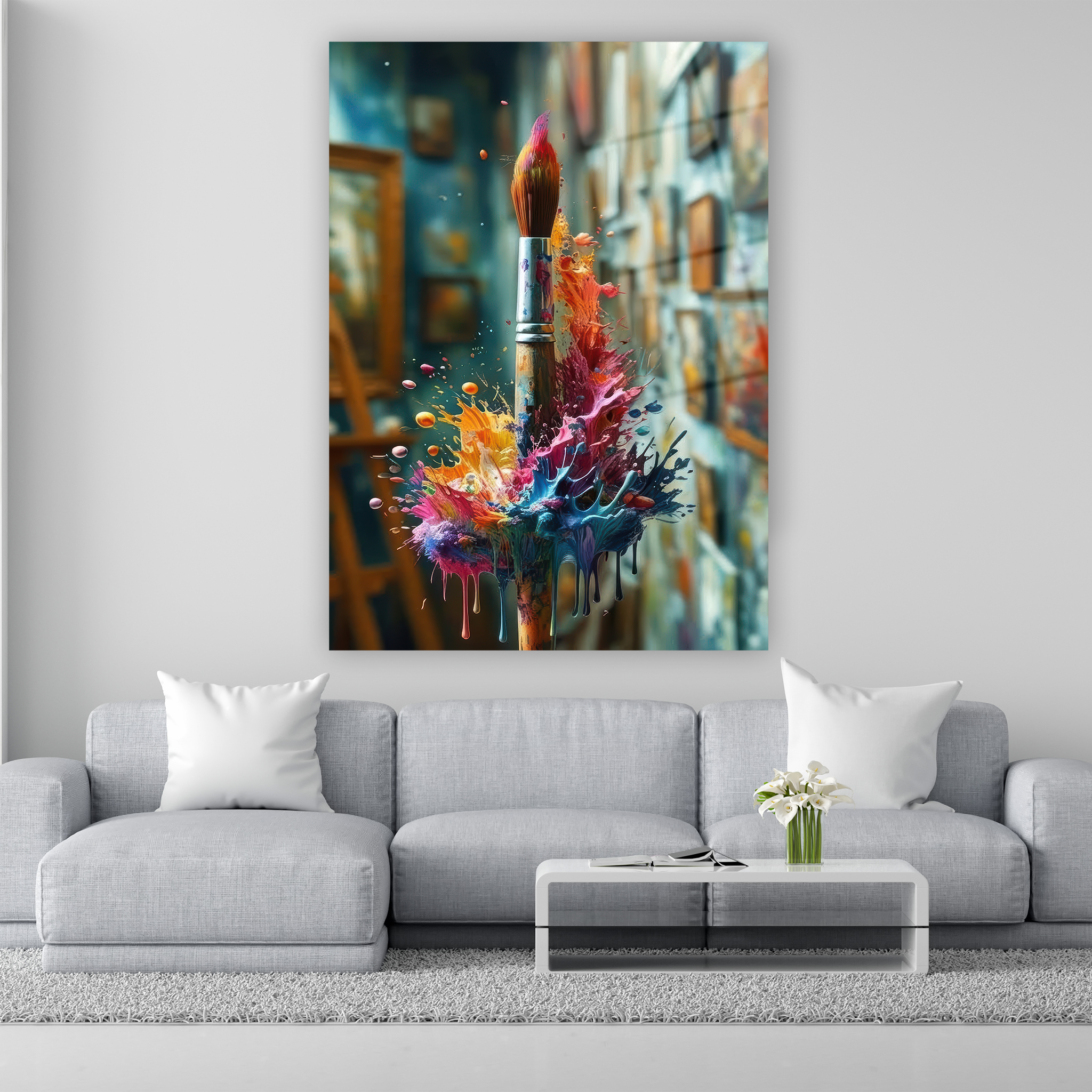 magic paintbrush with colorful splash glass art