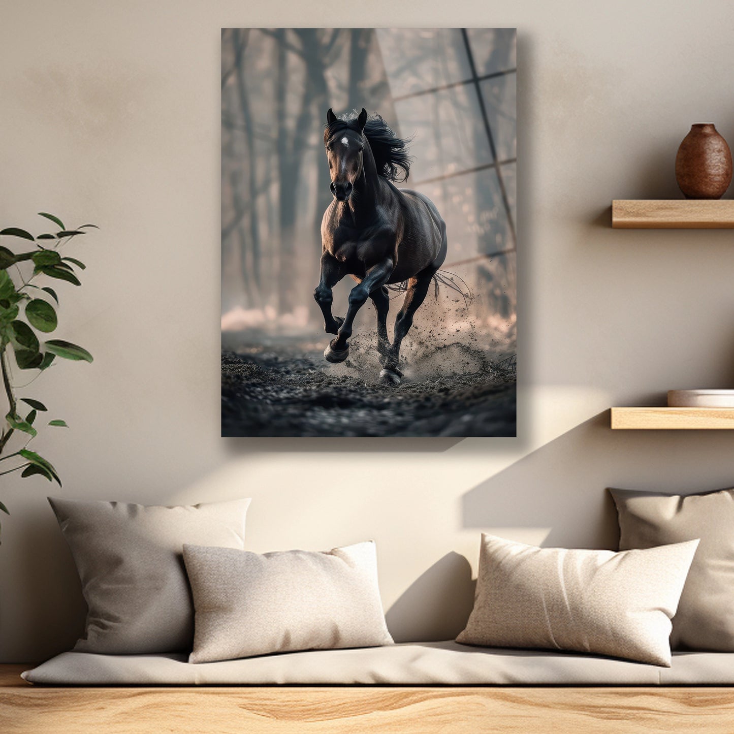 Atın savrulan yeleleri ve yerden kalkan toz detaylı cam baskı