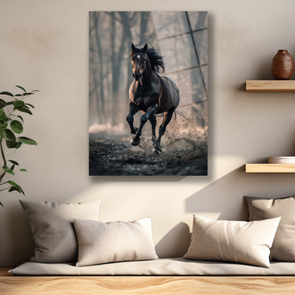 Atın savrulan yeleleri ve yerden kalkan toz detaylı cam baskı