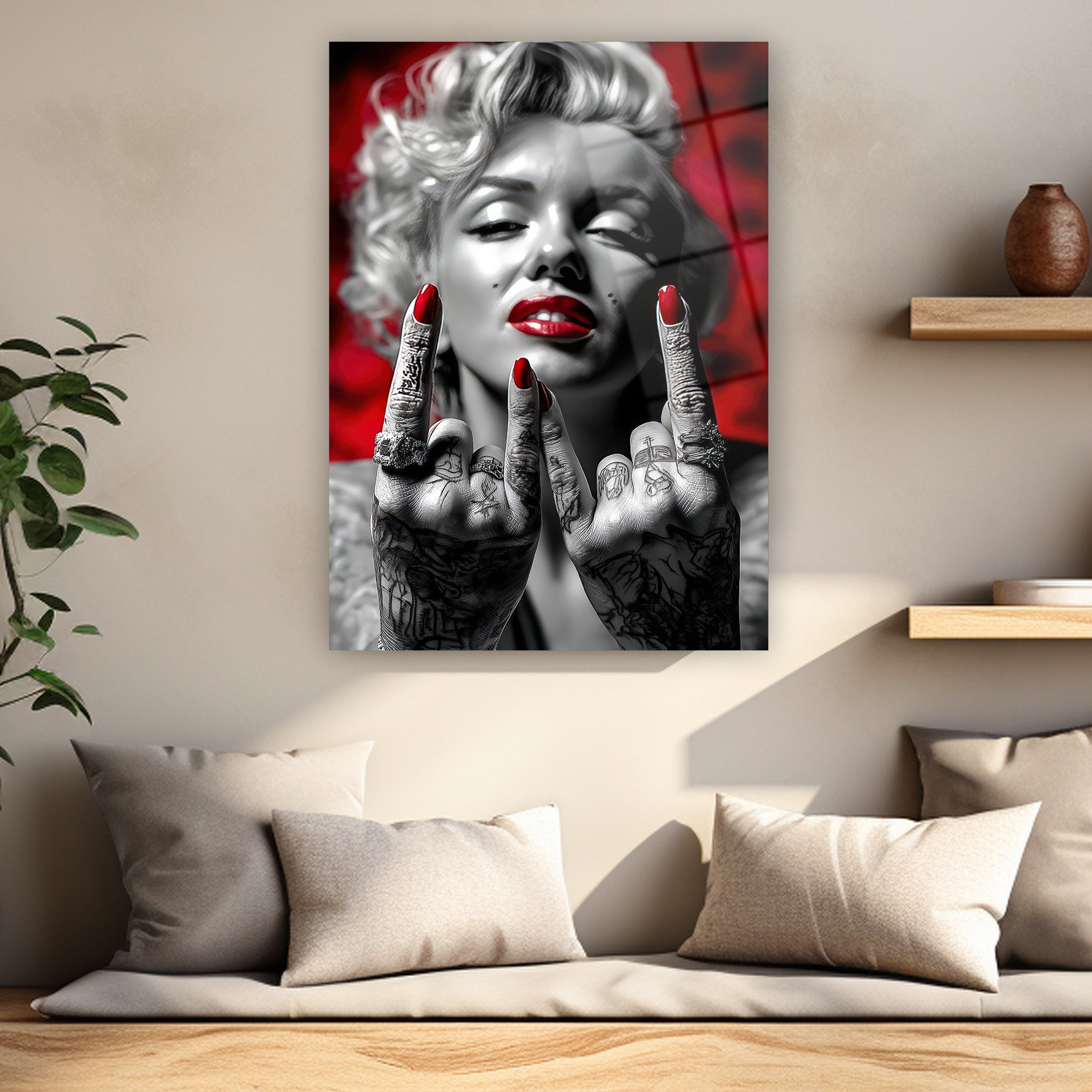 kırmızı detaylı siyah beyaz marilyn monroe cam baskı