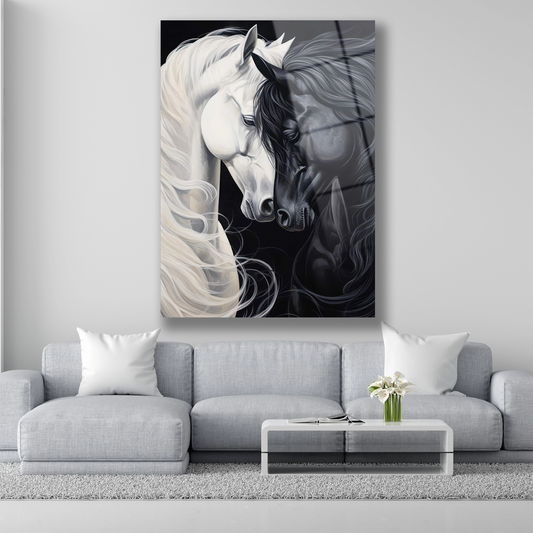 Birbirine bakan siyah ve beyaz at portresi cam tablo