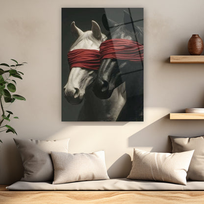 Zıtlıkların uyumu siyah beyaz at ve kırmızı kumaş desenli tablo