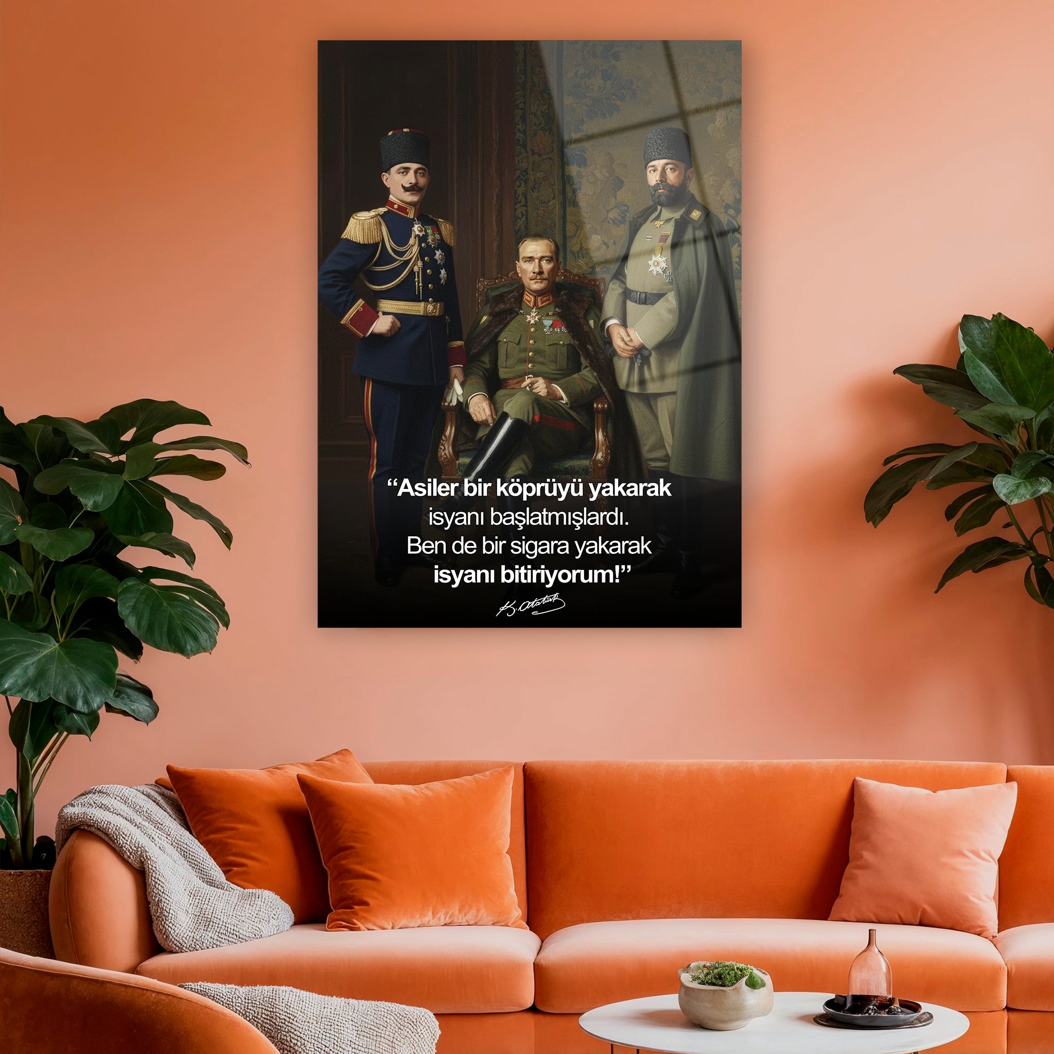 askeri üniformalı paşalar ve kürk yakalı mustafa kemal lüks cam sanatı