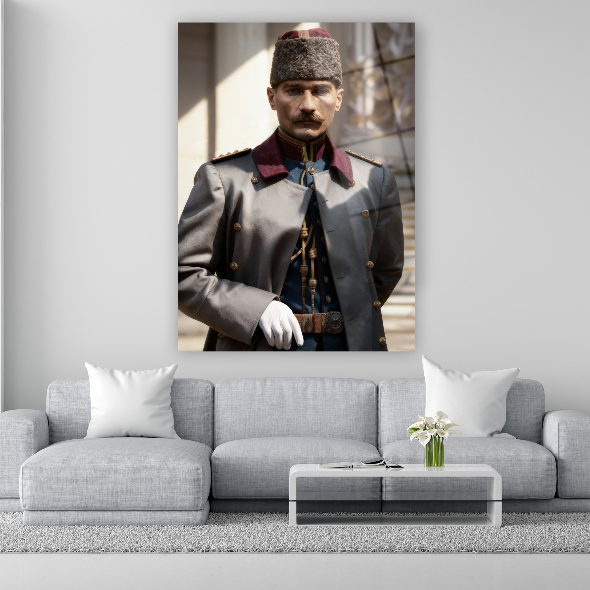 askeri üniformalı hiper gerçekçi mustafa kemal atatürk cam tablo