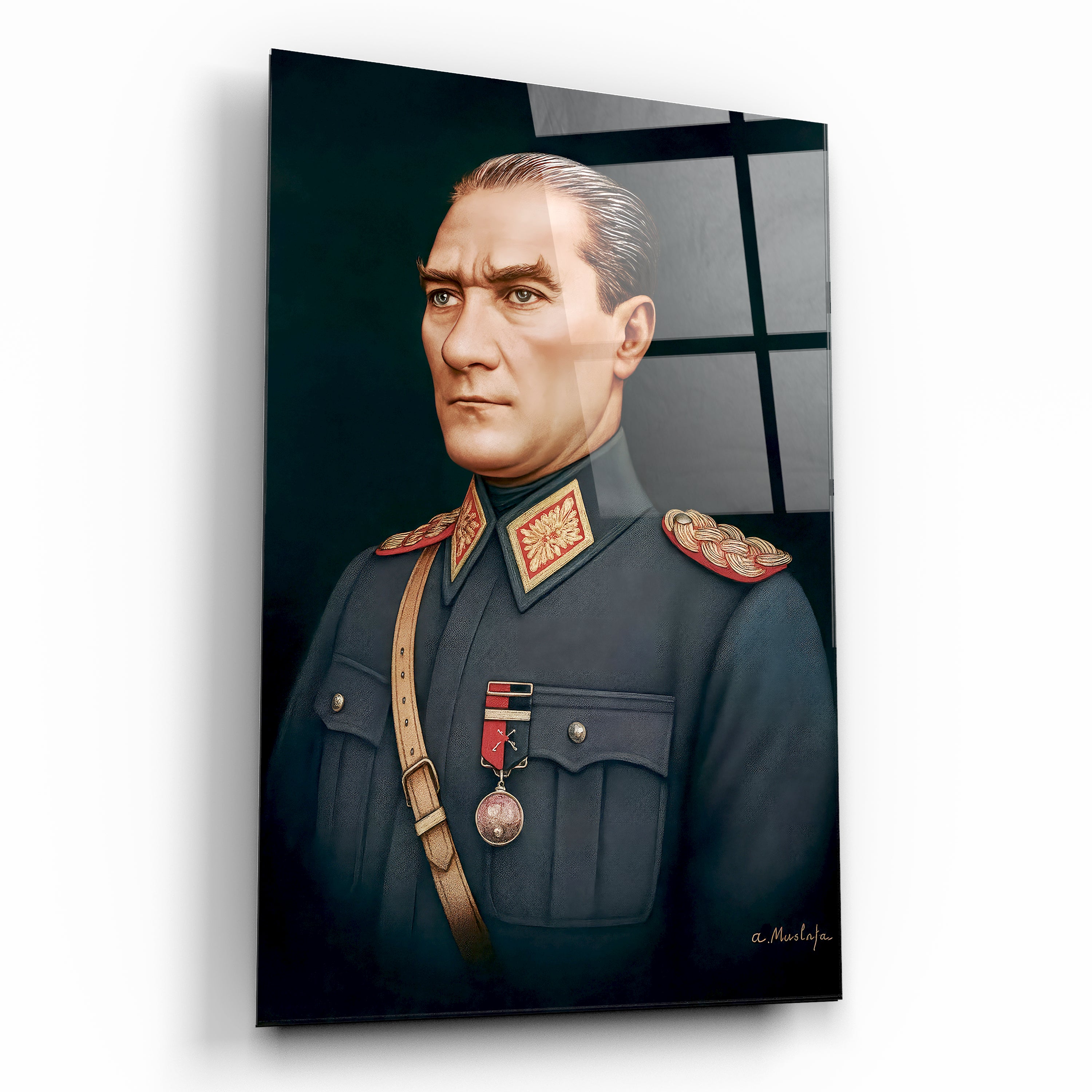 askeri üniformalı atatürk cam tablo