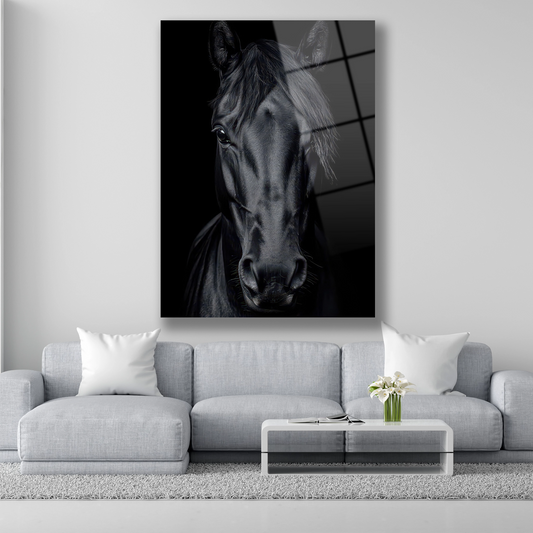 Siyah arka planda asil siyah at portresi cam tablo