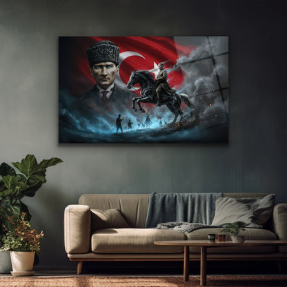 Yatay formda Türk bayraklı epik Atatürk duvar sanatı
