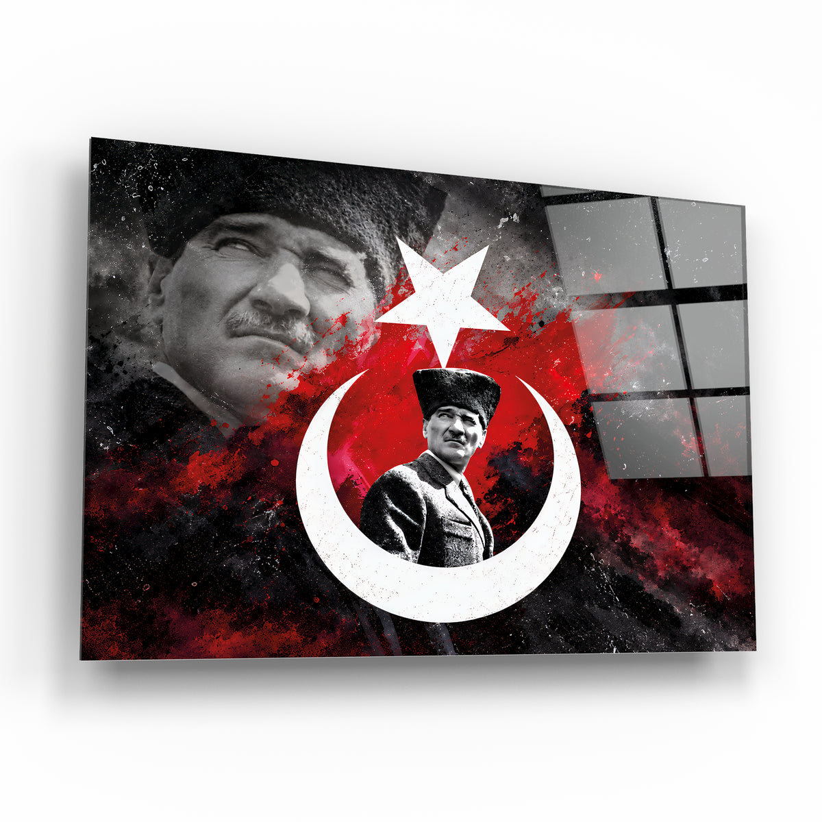 Atatürk Ay Yıldız kırmızı siyah cam tablo