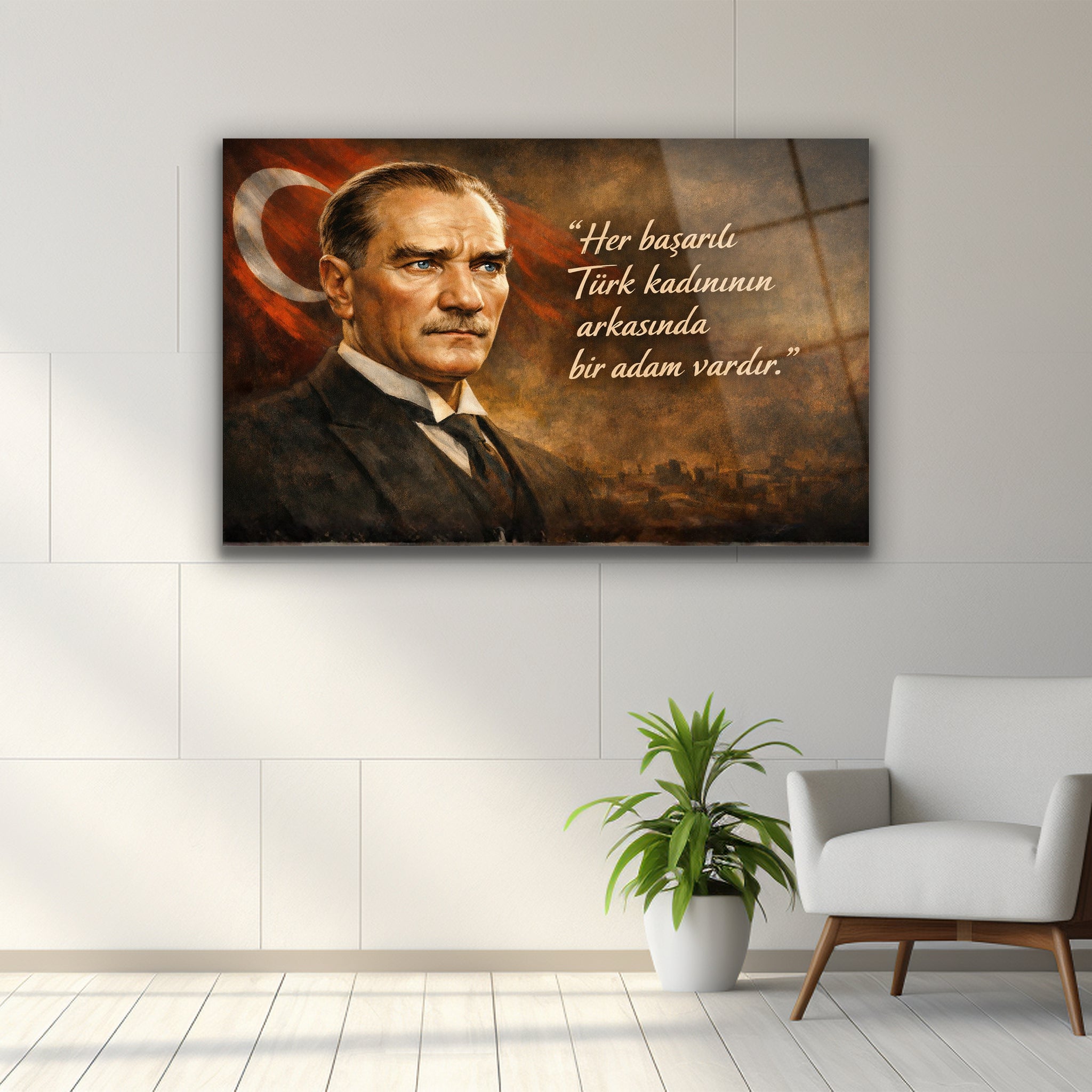 atatürk cam tablo ay yıldızlı al zeminli asil portre
