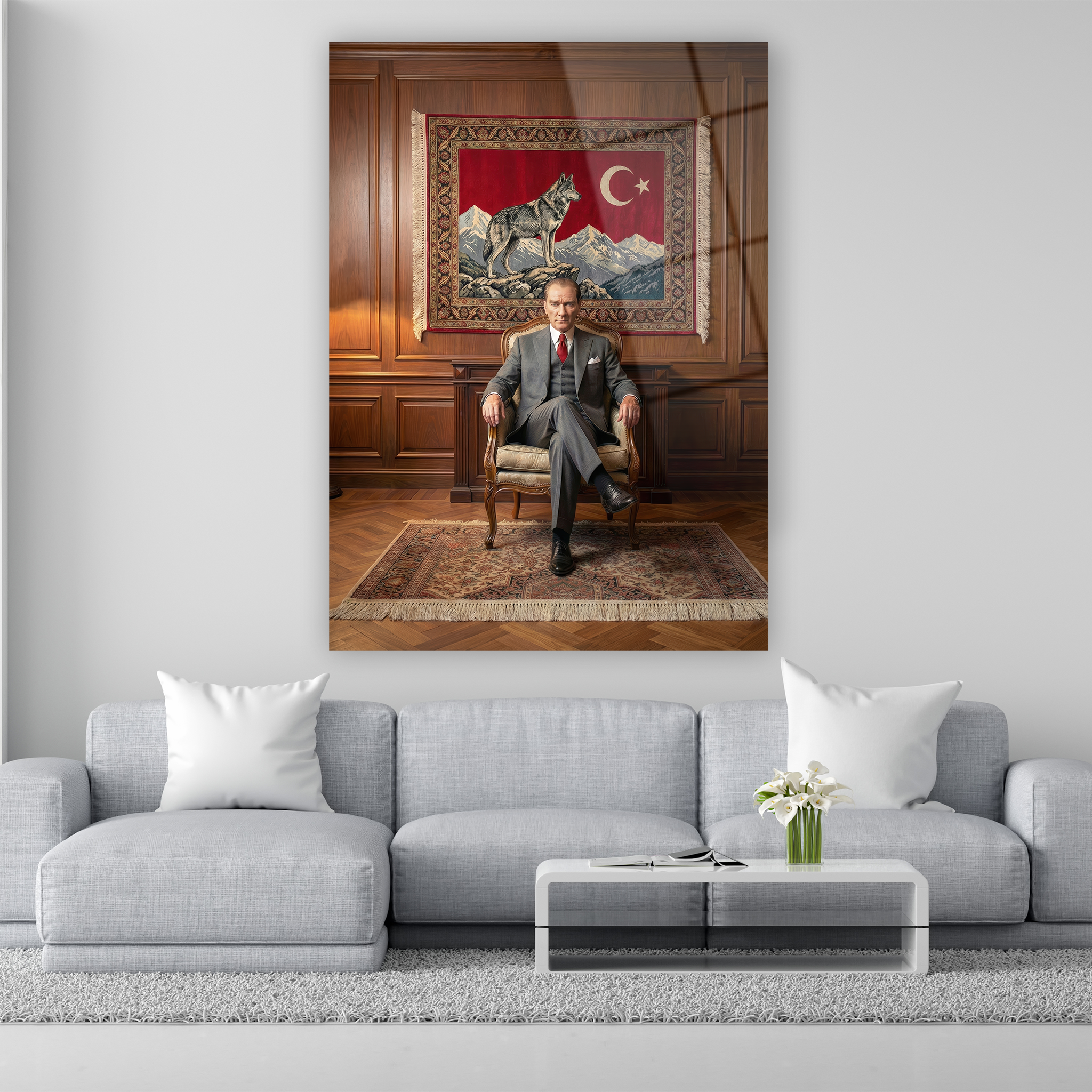 atatürk cam tablo bozkurt motifli ay yıldızlı makam portresi