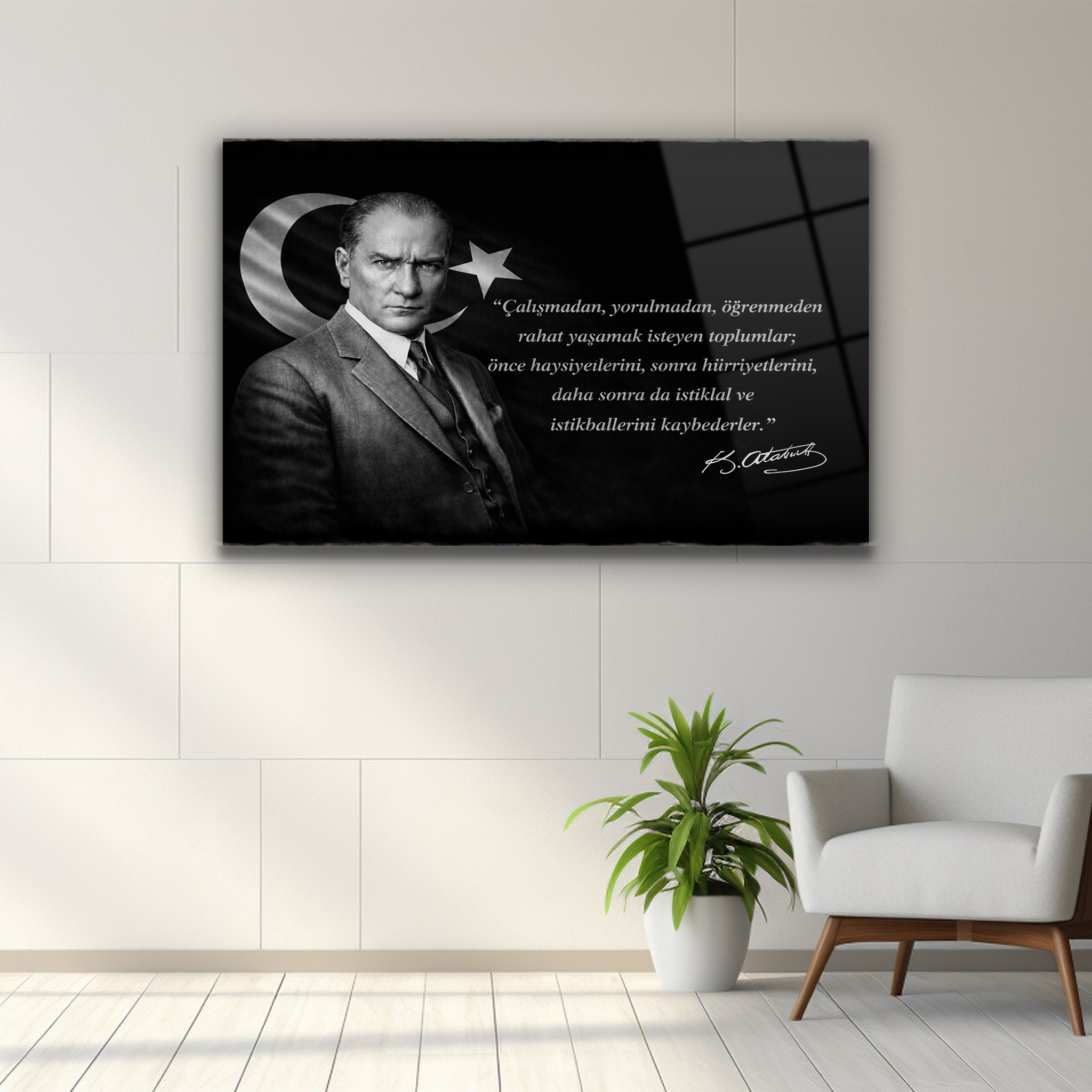 atatürk cam tablo çalışmadan yorulmadan sözlü siyah beyaz portre