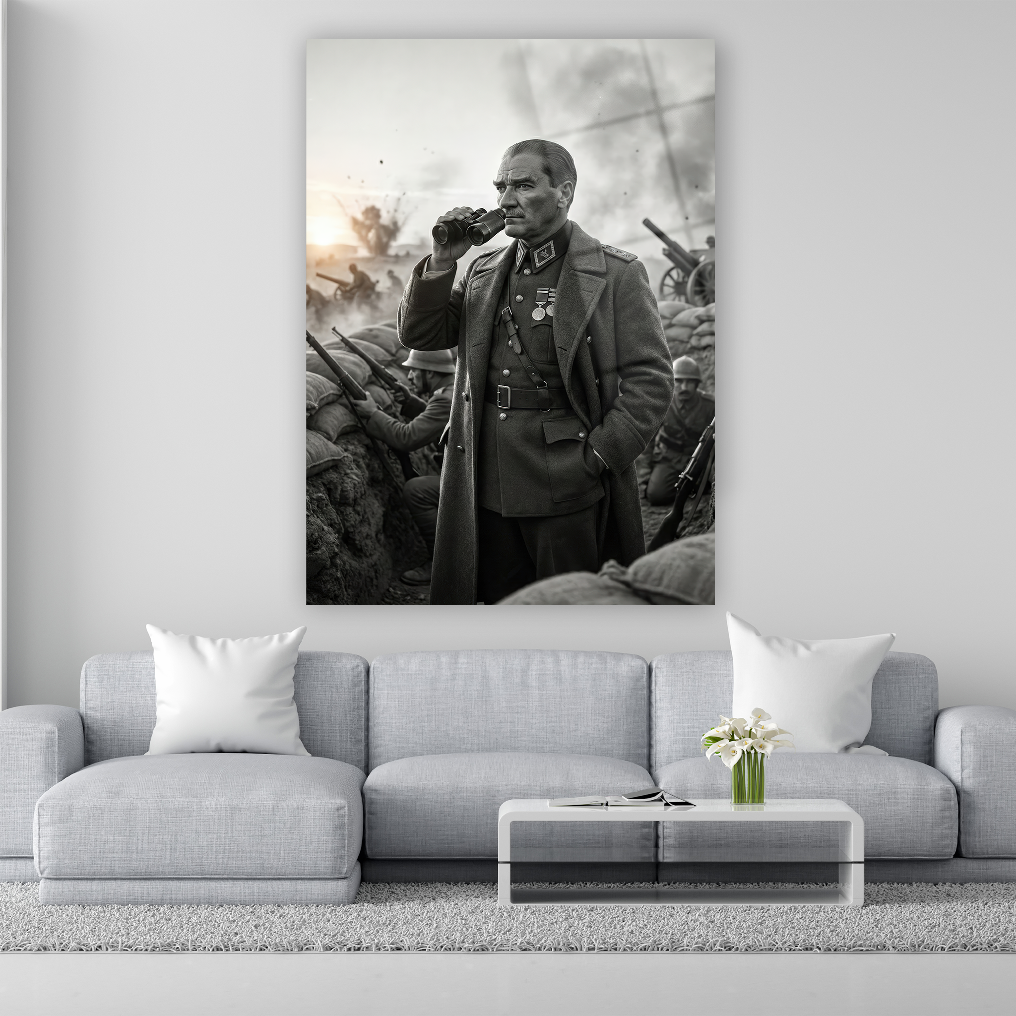 atatürk cam tablo savaş cephesinde dürbünle ufka bakan lider