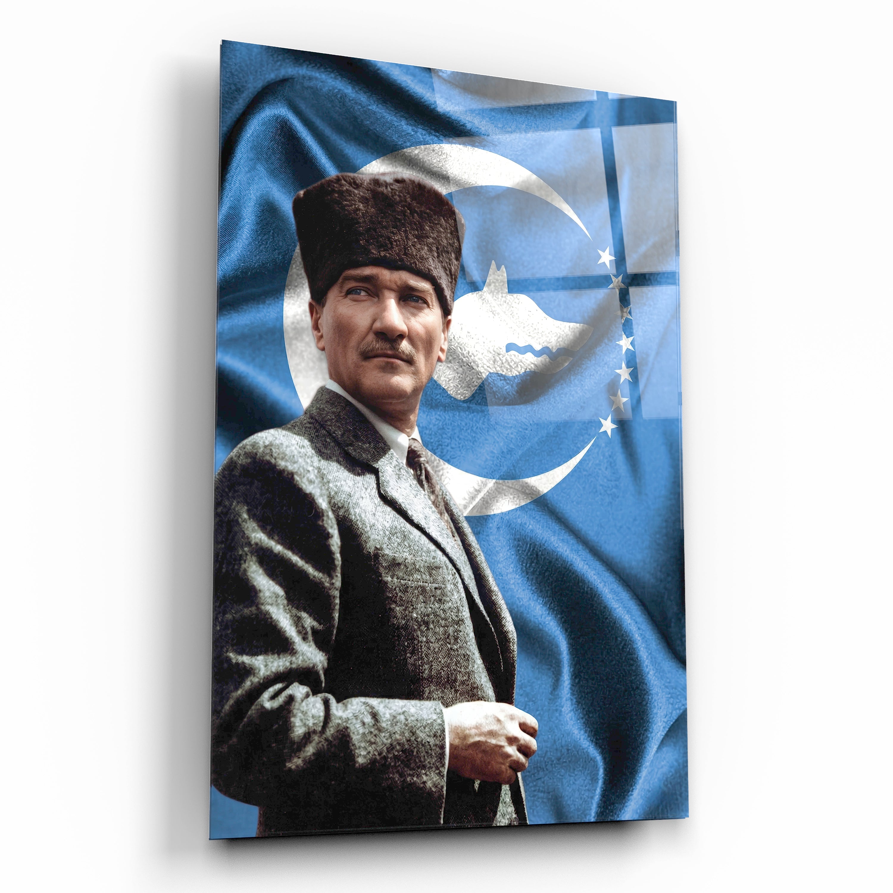 atatürk cam tablo göktürk motifli mavi zeminli portre