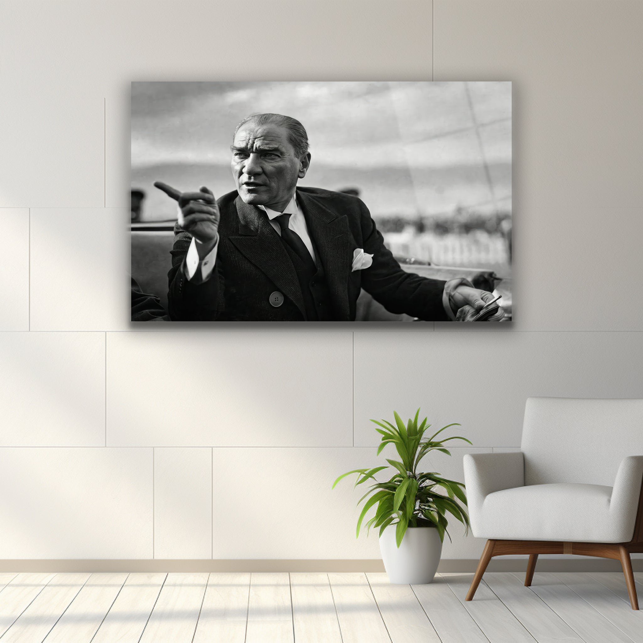 atatürk cam tablo ileriyi işaret eden kararlı lider portresi