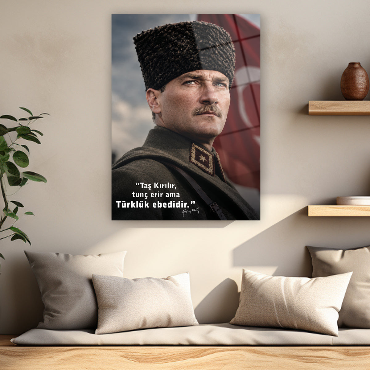 gazi mustafa kemal atatürk imzalı sözlü kalpaklı portre cam tablo yakın çekim