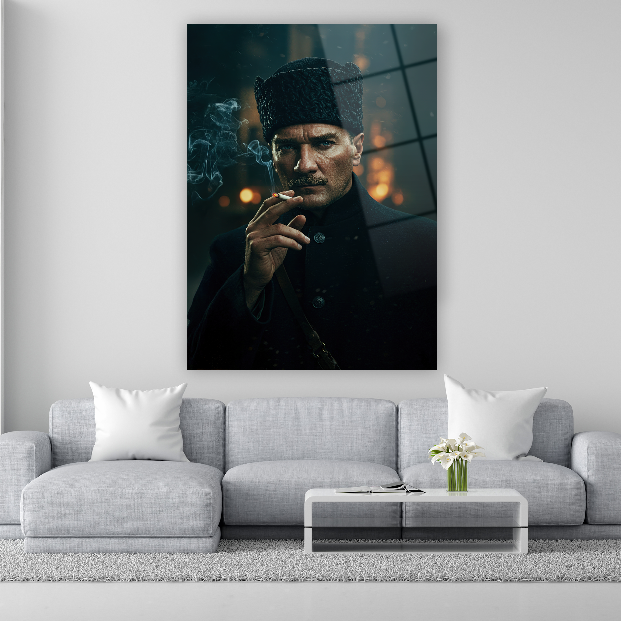 atatürk cam tablo sinematik dokulu kalpaklı karizmatik portre