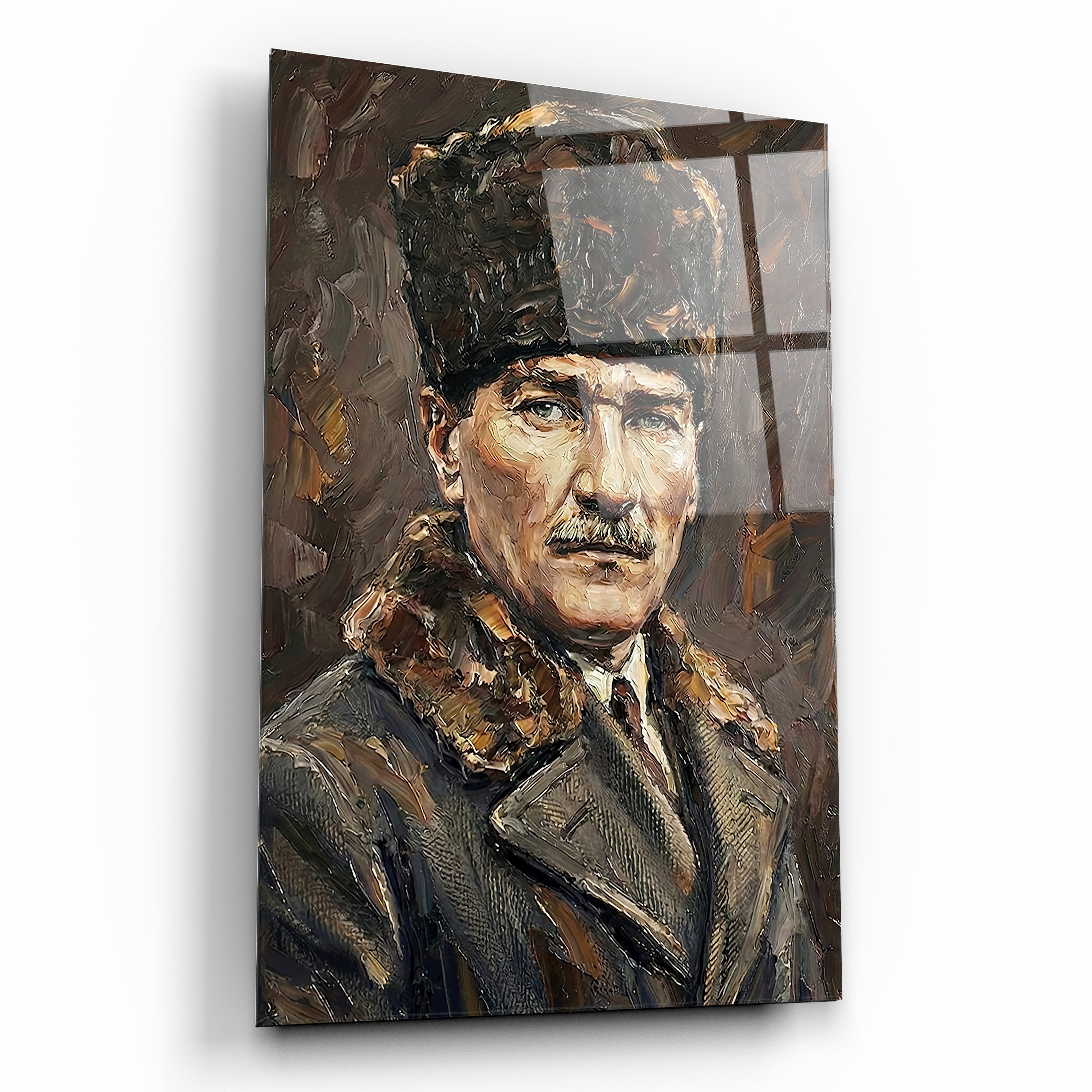 atatürk cam tablo yağlı boya dokulu kalpaklı lider portresi