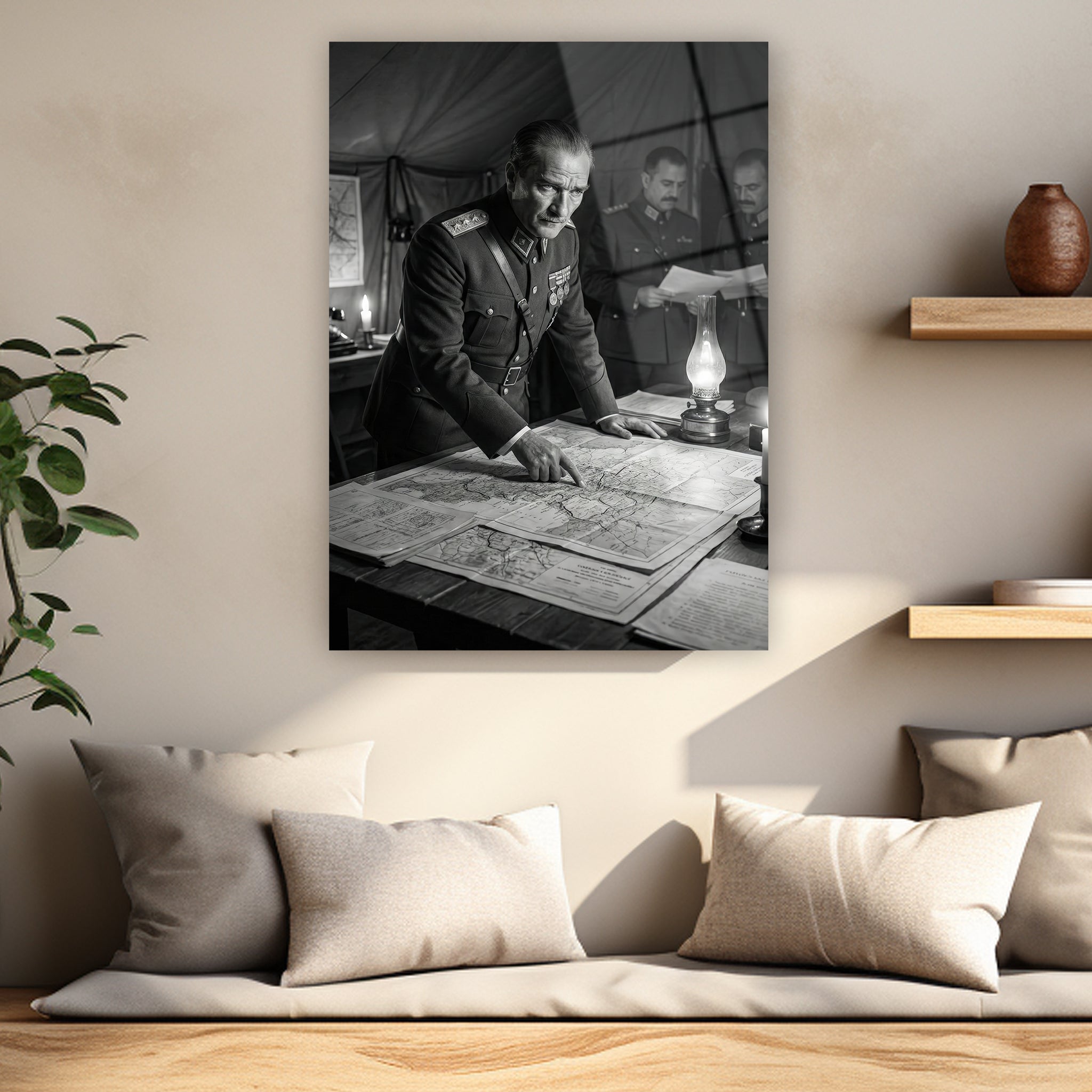 Atatürk cephede harita başında cam tablo