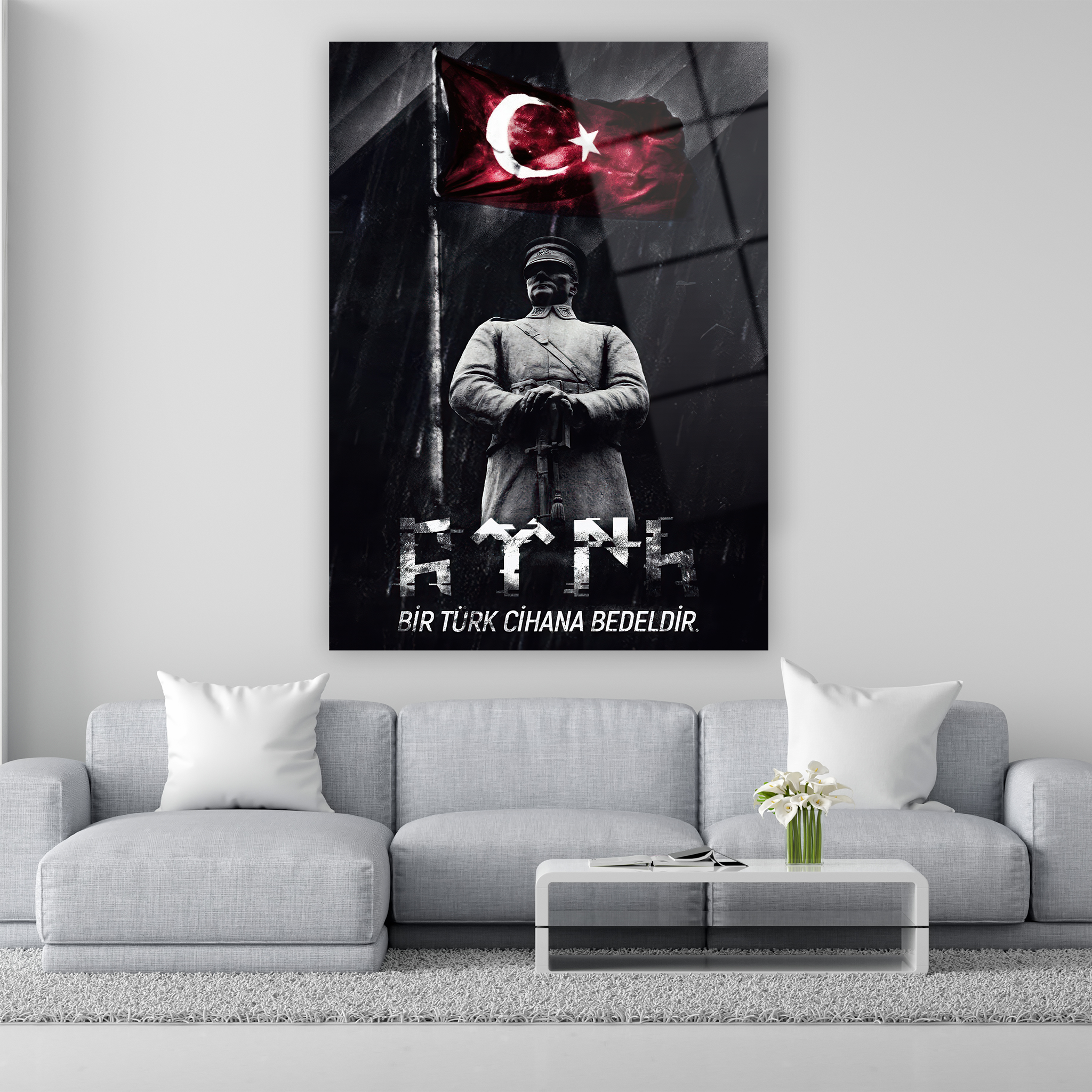mareşal üniformalı atatürk heykeli ve türk bayrağı cam tablo