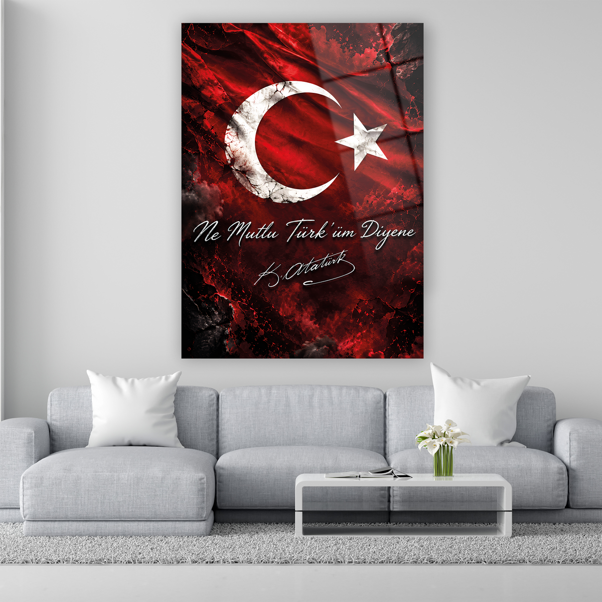 Ay yıldız ve Atatürk imzalı kırmızı siyah cam tablo