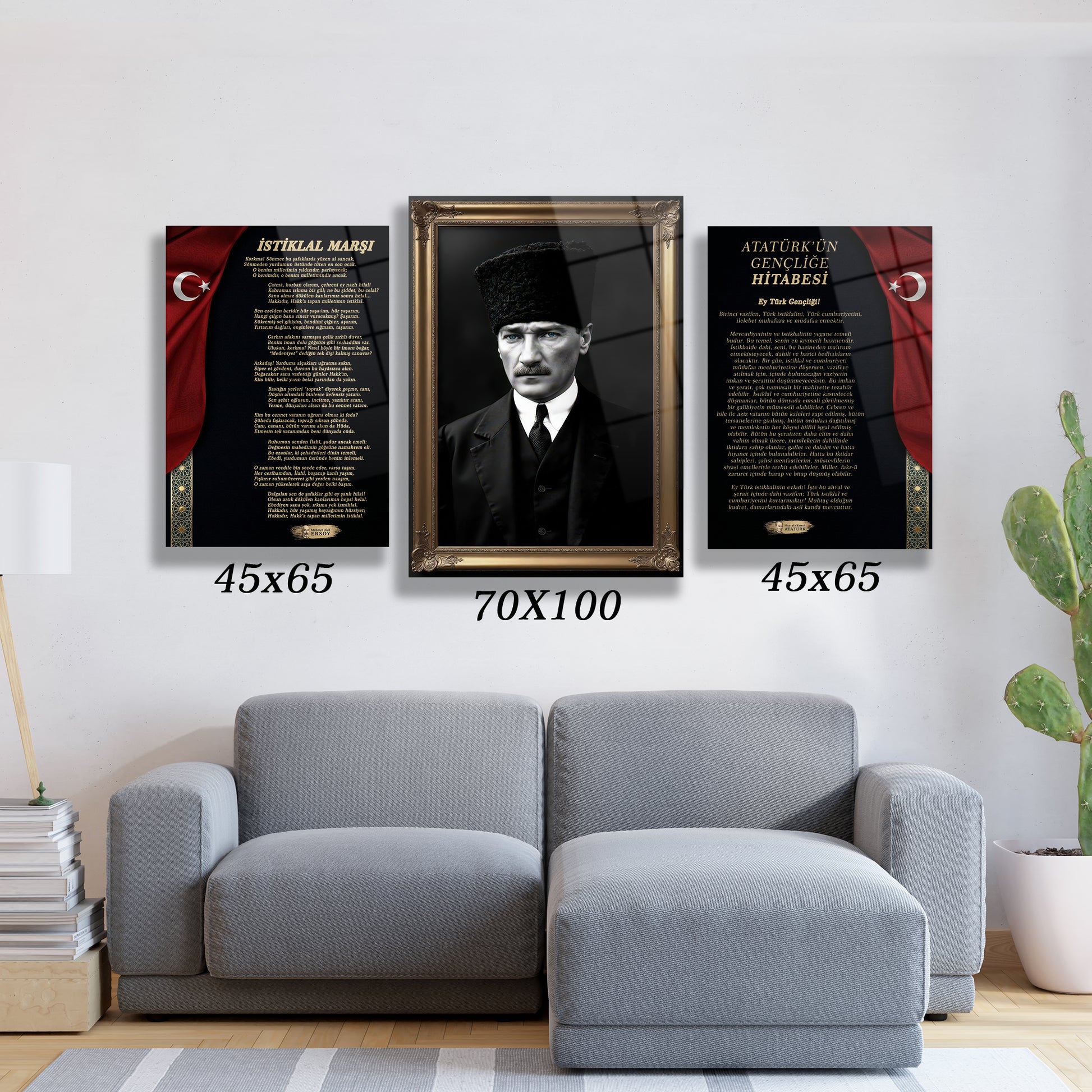 atatürk portresi istiklal marşı ve gençliğe hitabe 3 lü cam tablo seti