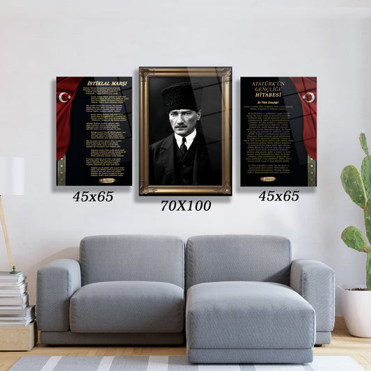 atatürk portresi istiklal marşı ve gençliğe hitabe 3 lü cam tablo seti