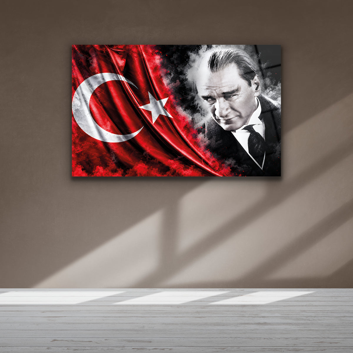 Sanatsal Türk Bayrağı ve Atatürk portresi duvar tablosu