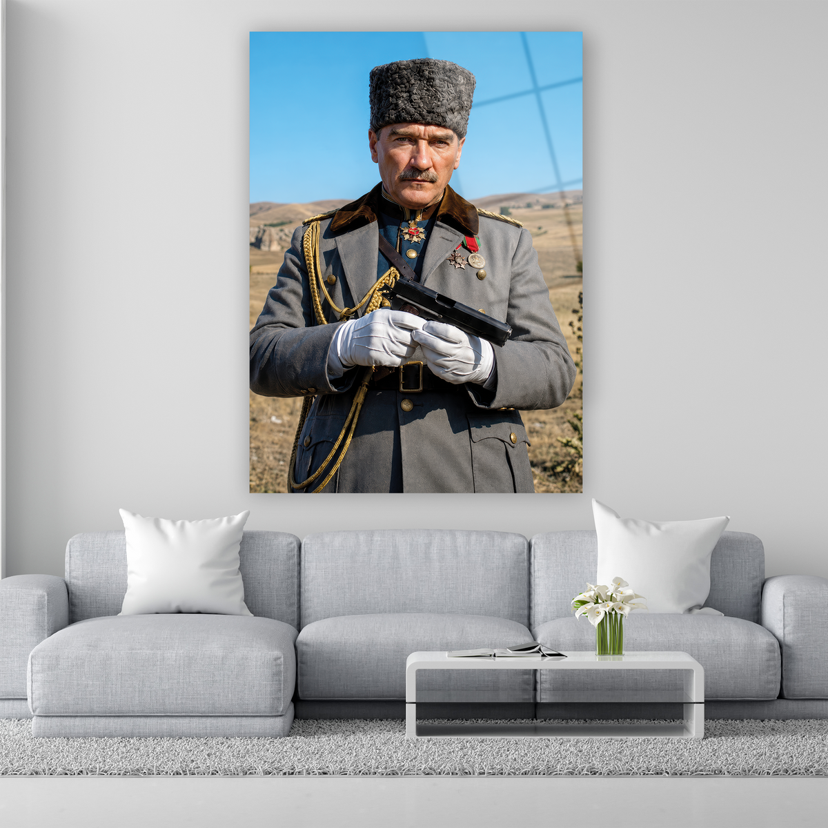 Madalyalı üniformasıyla Atatürk cam tablo duvar dekorasyonu