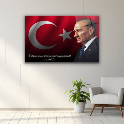 atatürk ve türk bayrağı temalı cam tablo