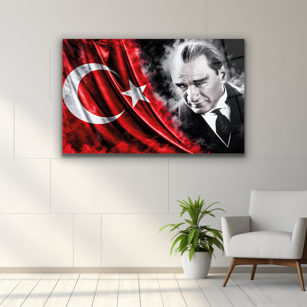 Siyah beyaz Atatürk portresi ve Türk Bayrağı cam tablo