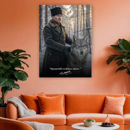 bozkurt ve kalpaklı atatürk karlı orman cam baskı