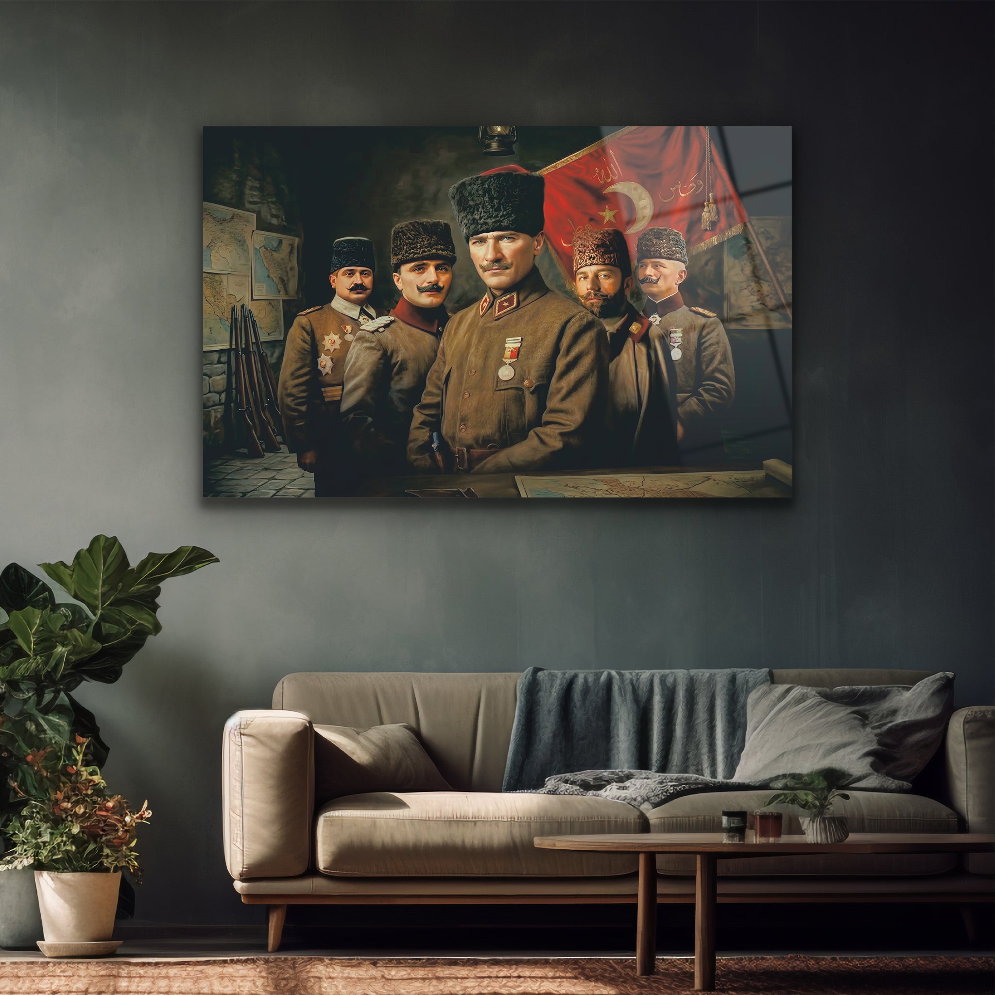 Atatürk ve Silah Arkadaşları Cam Tablo, Gazi Mustafa Kemal Atatürk ve askerleri, duvar sanatı, tarihi atmosfer