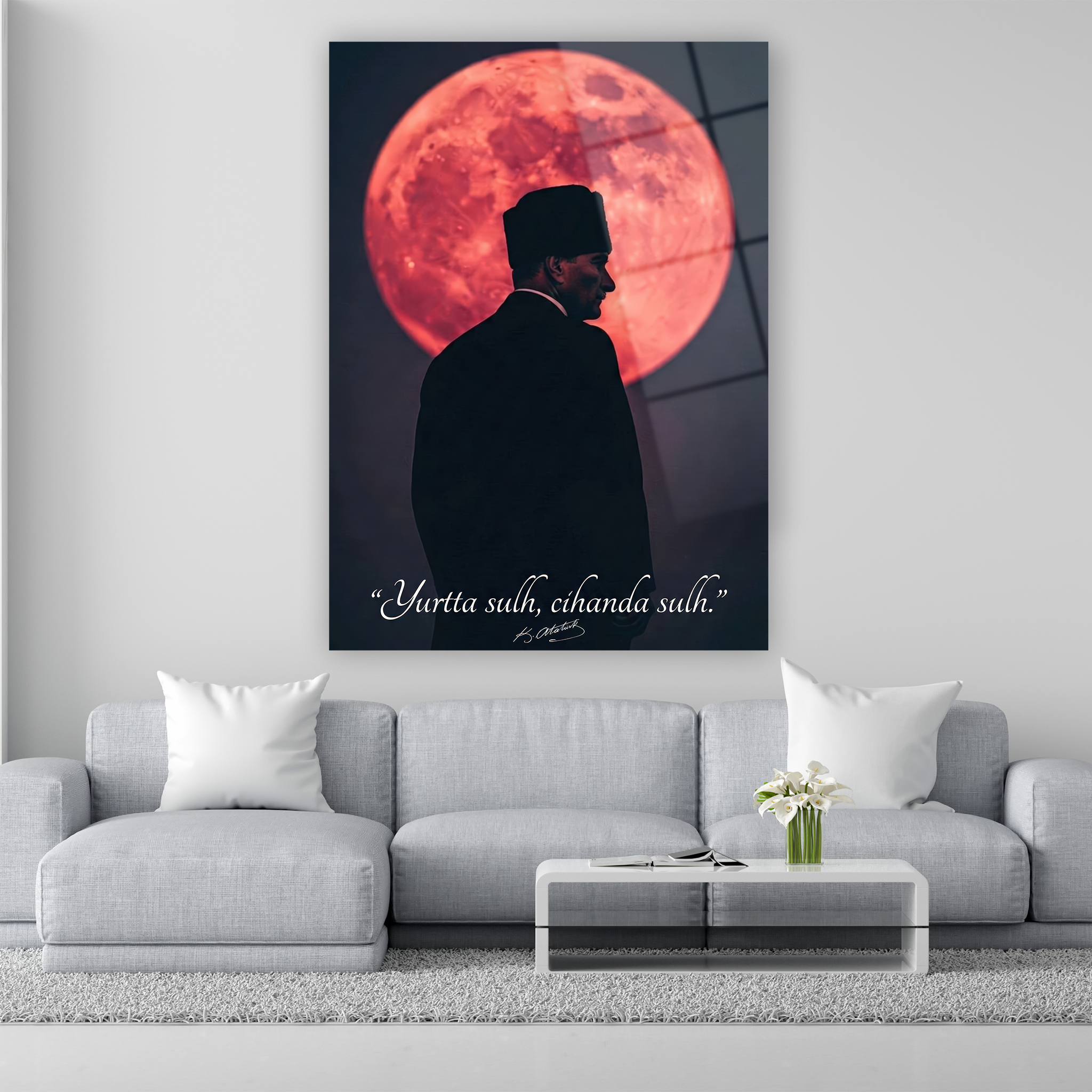 Atatürk silüeti ve kızıl dolunay manzaralı cam tablo