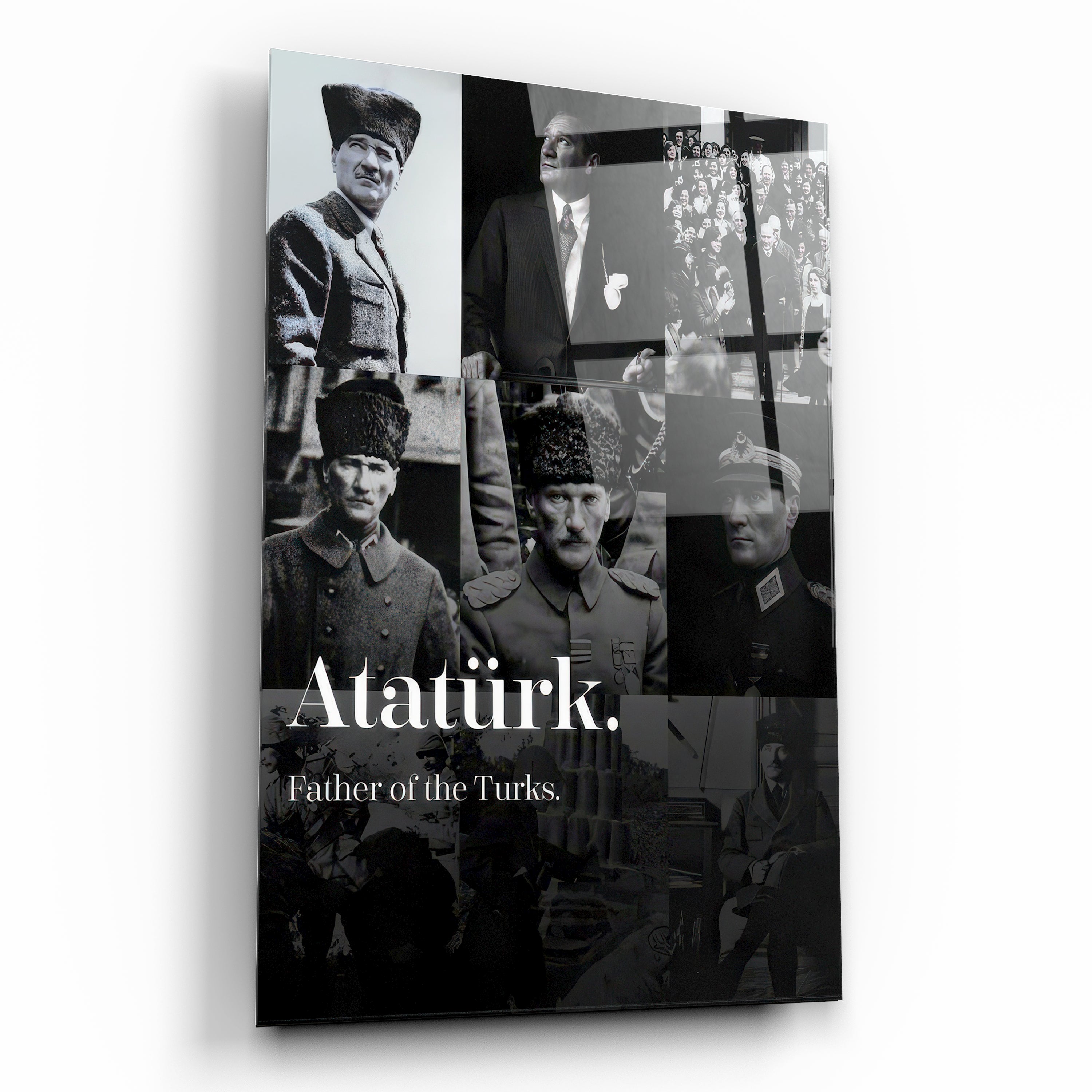 atatürk resimlerinin bulunduğu kolajı cam tablo