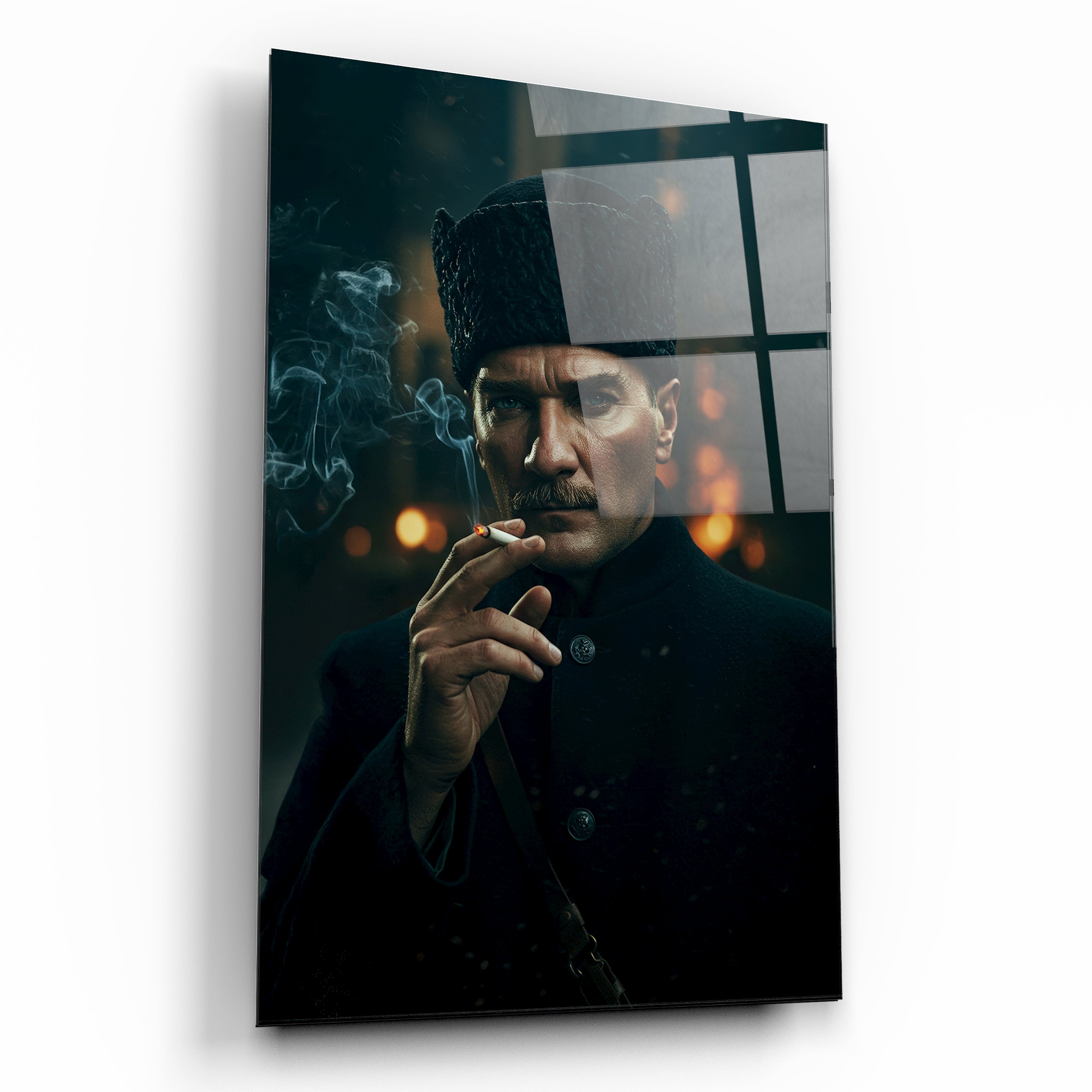 atatürk sinematik tarza sigara içerken cam tablosu