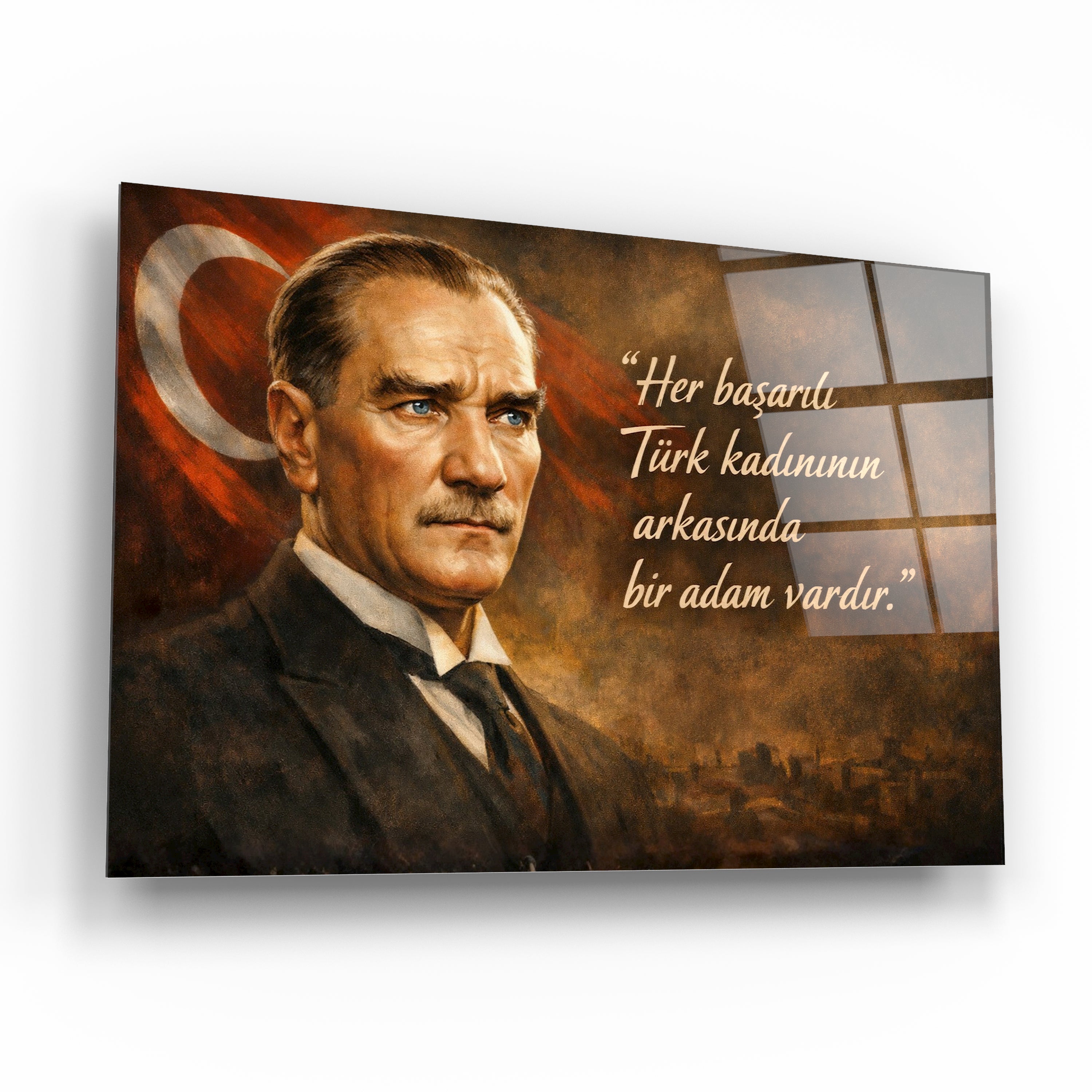 Atatürk Cam Tablo - Ay Yıldızlı Zeminli Başarı Temalı Portre