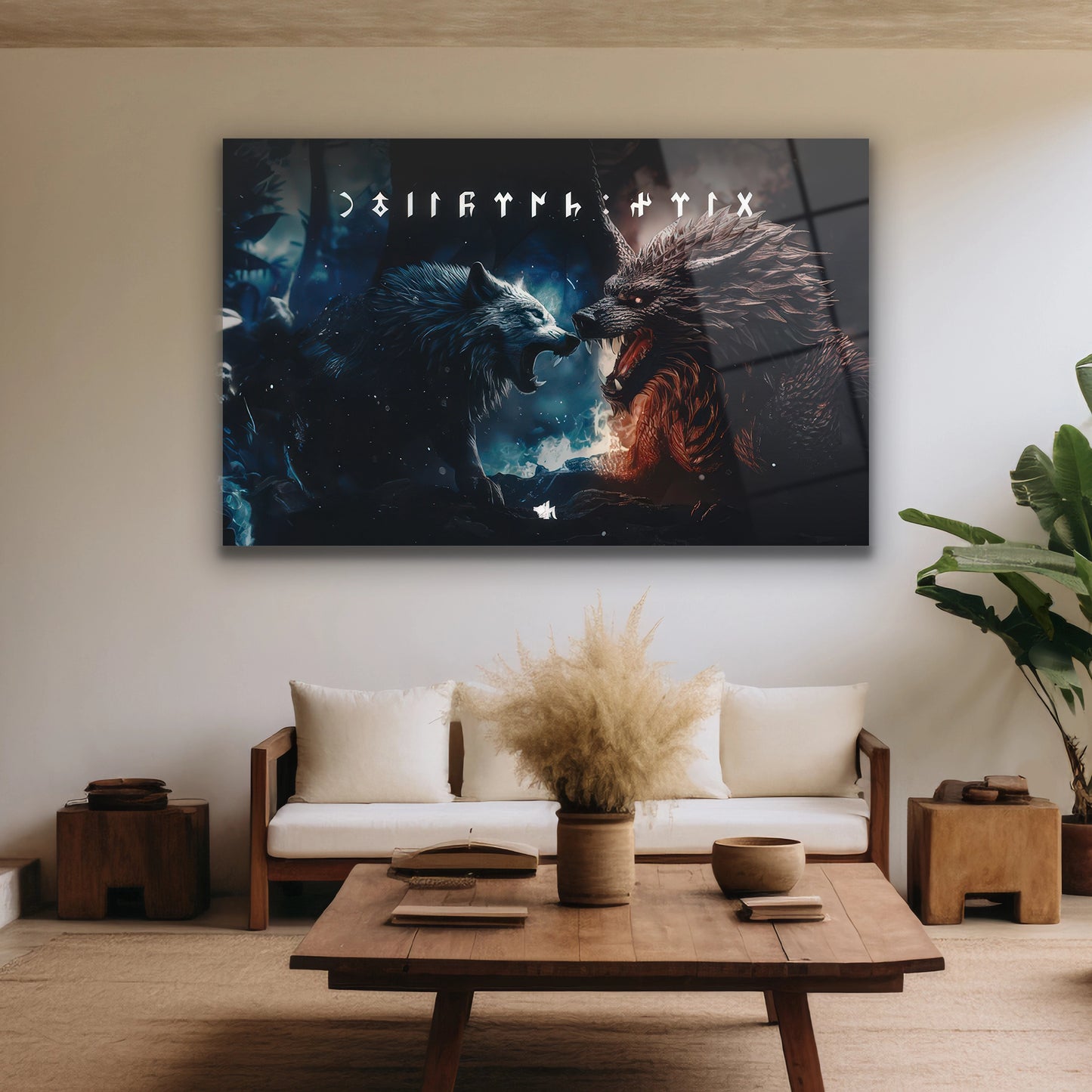 Çalışma odası duvarında asılı mitolojik bozkurt desenli cam pano