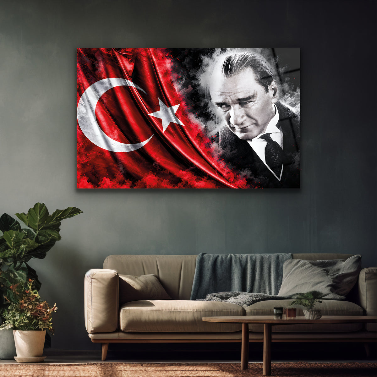 Kırmızı siyah yatay Atatürk cam tablo tasarımı